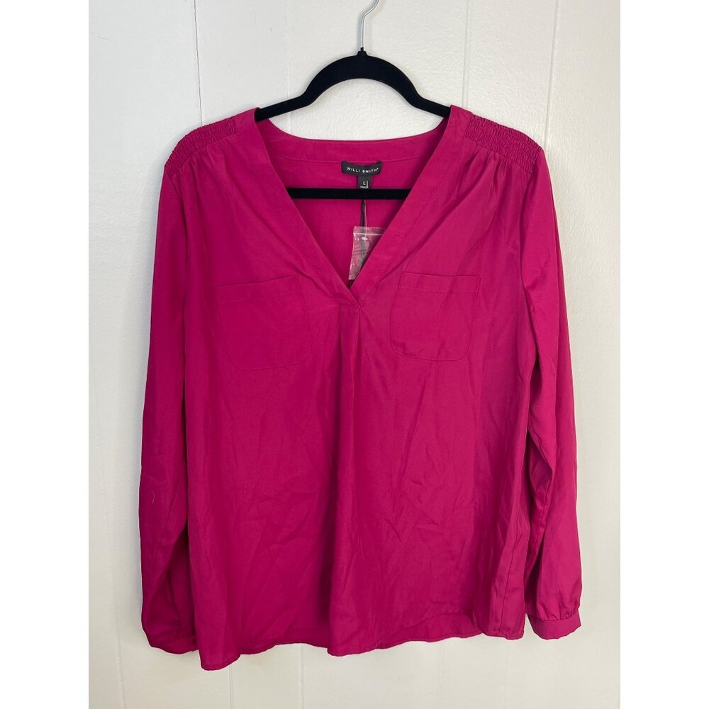 Willi Smith Womens Fuchsia Long Sleeve Blouse Size L 100% Polyester  NEW